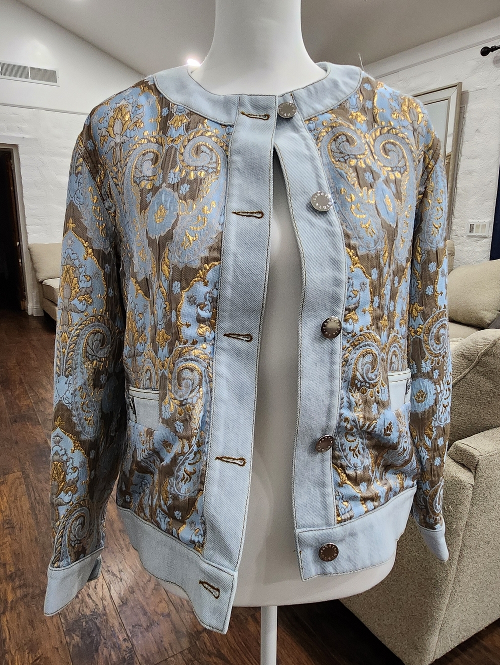 Sandro Paris Orcan Metallic Paisley Jacquard Denim Trim Jacket Blue Gold Size 36